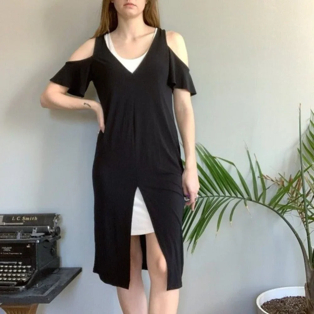Zara slinky black and white midi cocktail workwear v-neck short sleeve dress - Picture 1 of 8